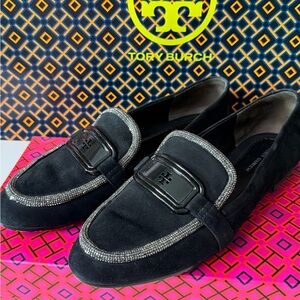 Tory Burch Black Suede Ballet Loafer with Crystal Rhinestone detail